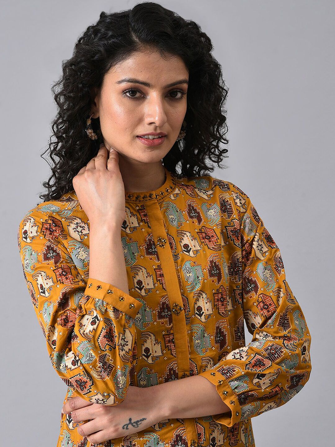 W Mandarin Collar Geometric Printed A-Line Cotton Dress