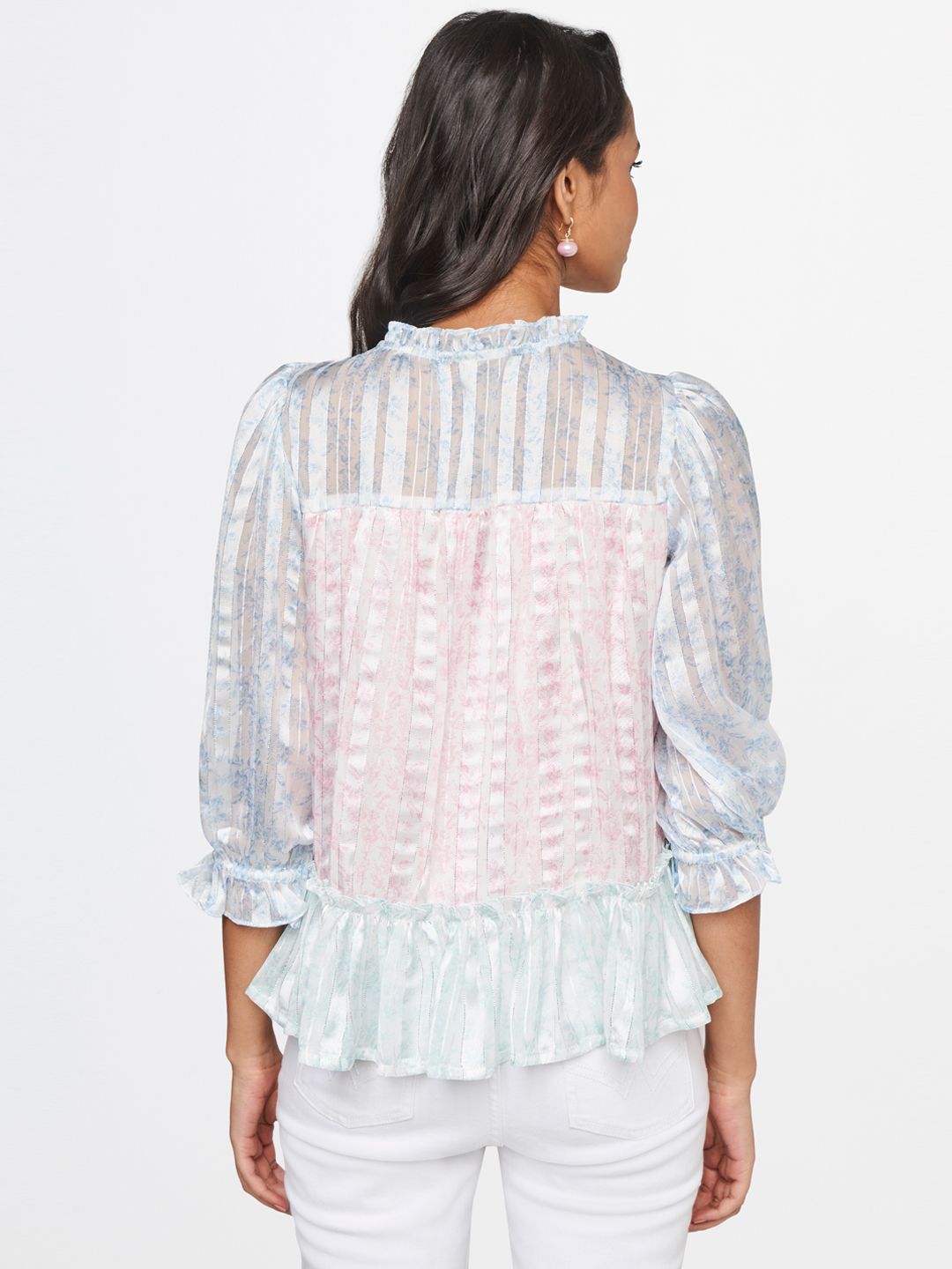AND Floral Print Mandarin Collar Puff Sleeve Top
