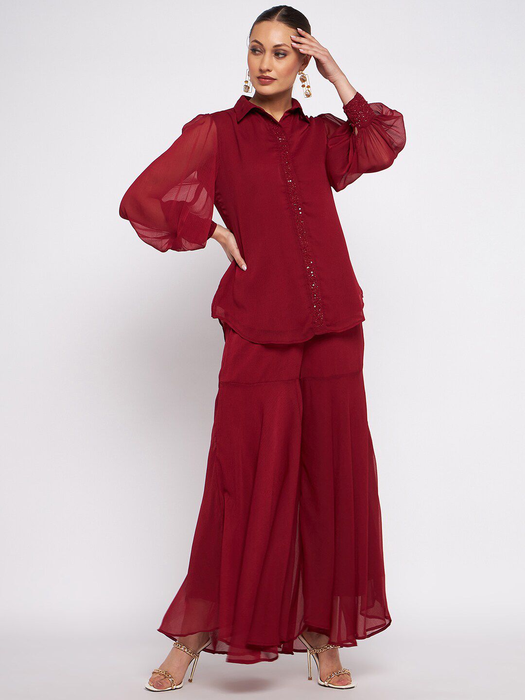 Antheaa Embellished Shirt Collar Long Sleeves Top & Sharara