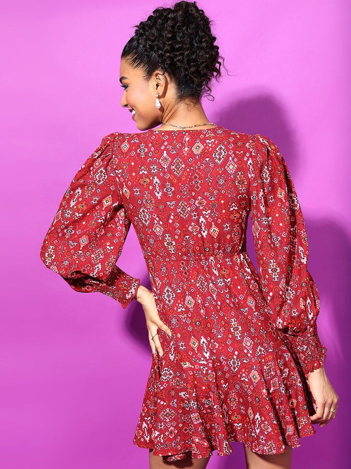 Tokyo Talkies V-Neck Ethnic Motifs Printed Cut Out Mini Fit & Flare Dress