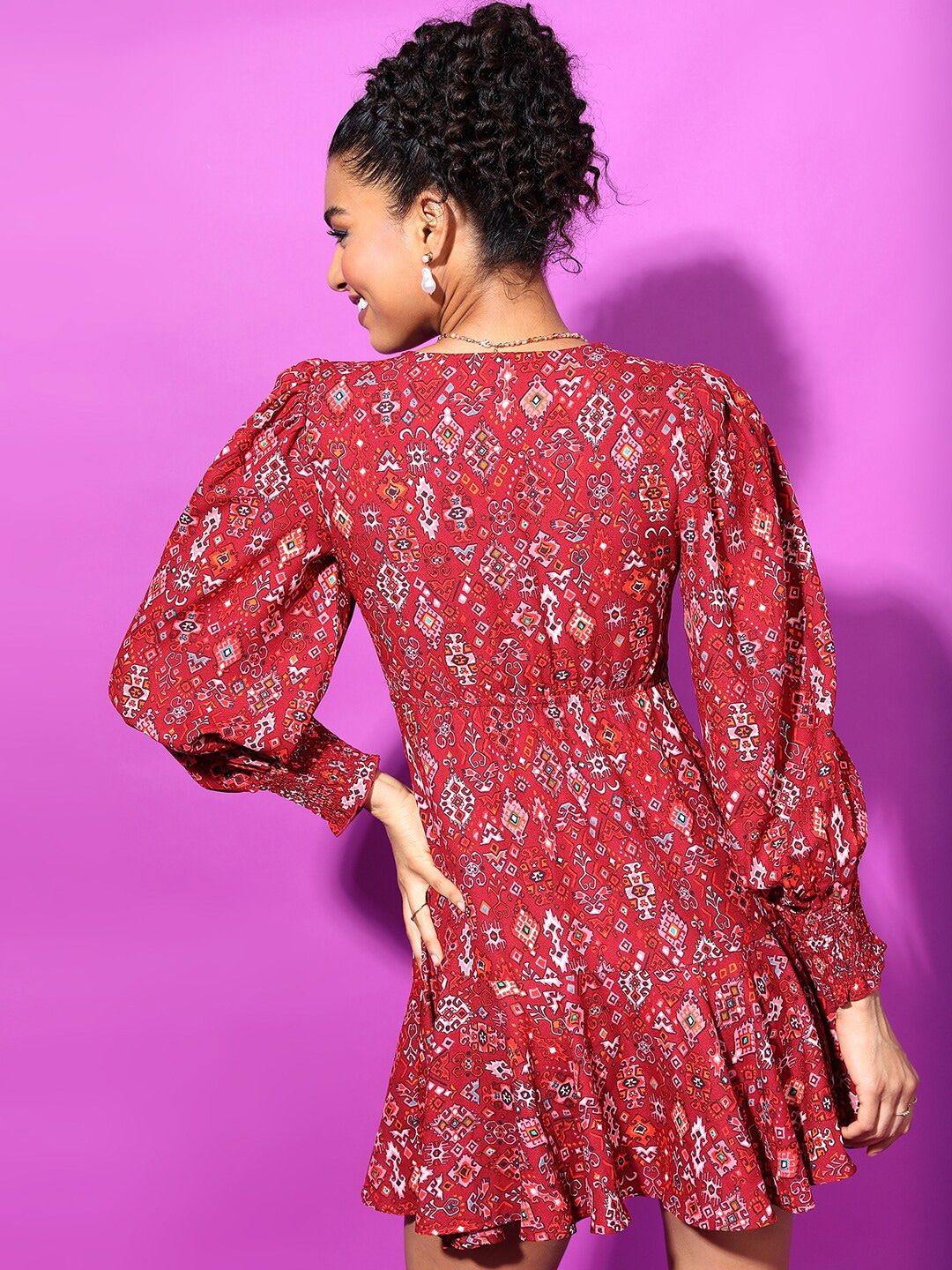 Tokyo Talkies V-Neck Ethnic Motifs Printed Cut Out Mini Fit & Flare Dress