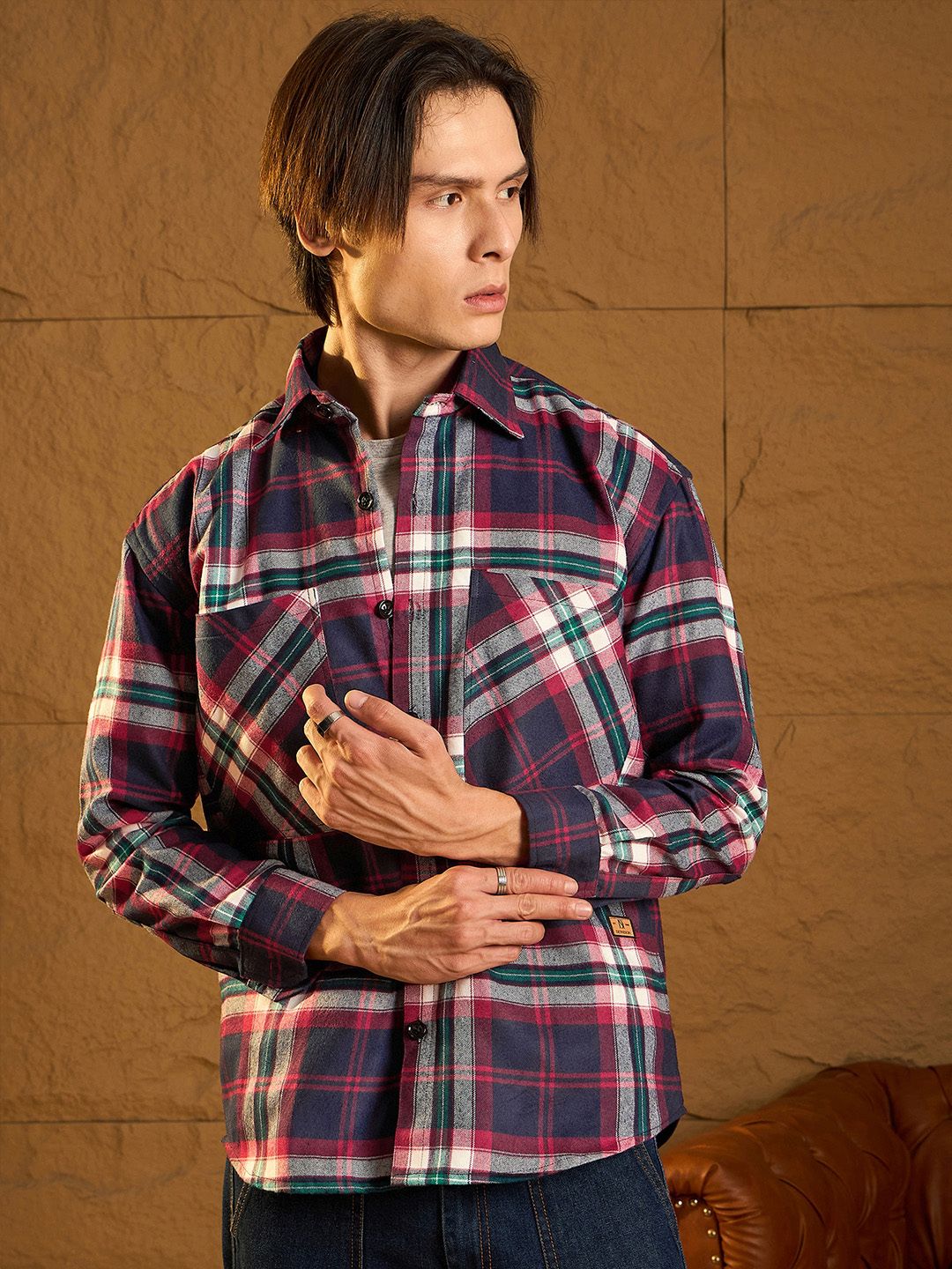 DENNISON Men Double Pocket Drop Shoulder Oversized Cotton Checked Shacket