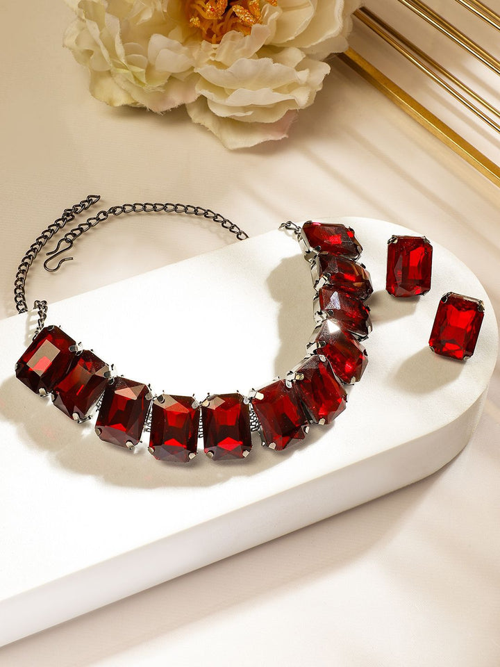 Rubans Rhodium Plated Maroon Crystal Cubic Zirconia Studded Statement Choker Jewelry Set