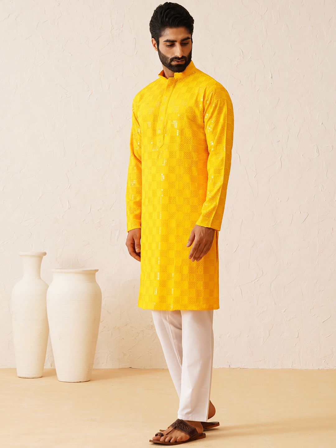 SOJANYA Ethnic Motifs Embroidered Regular Sequinned Pure Cotton Kurta with Churidar