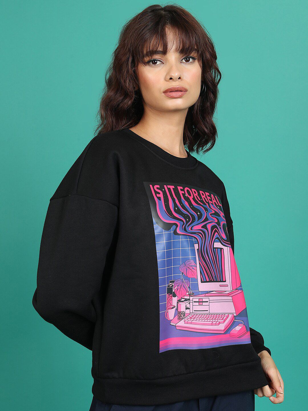 Tokyo Talkies Black Graphic Printed Oversized Pullover Sweatshirt