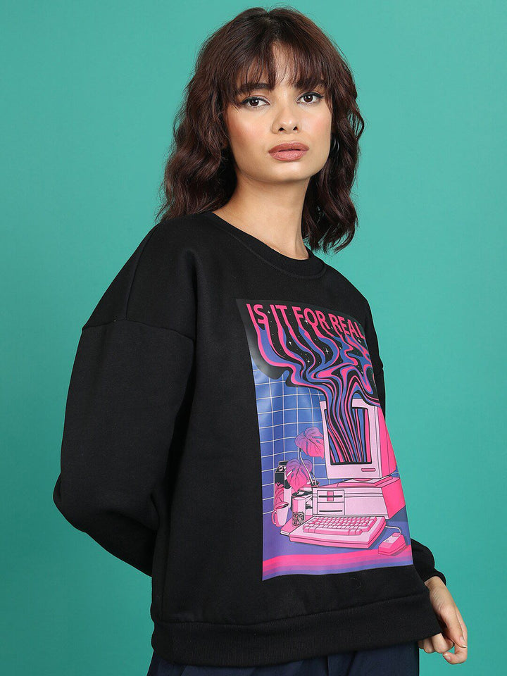 Tokyo Talkies Black Graphic Printed Oversized Pullover Sweatshirt