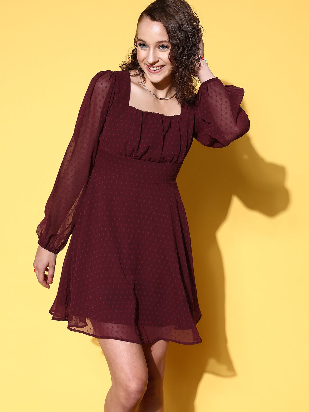 Berrylush Women Burgundy Self-Design Vacay Attire