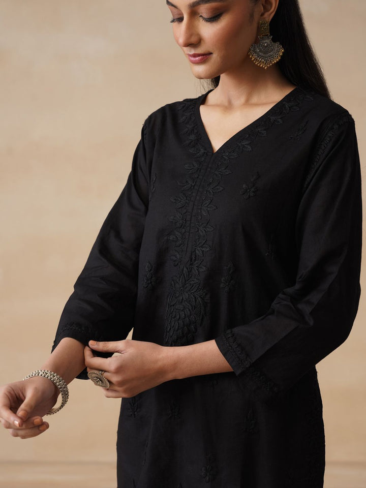 Rumah Chikankari Wanita Kapas Hitam Chikankari Sulam Kurti