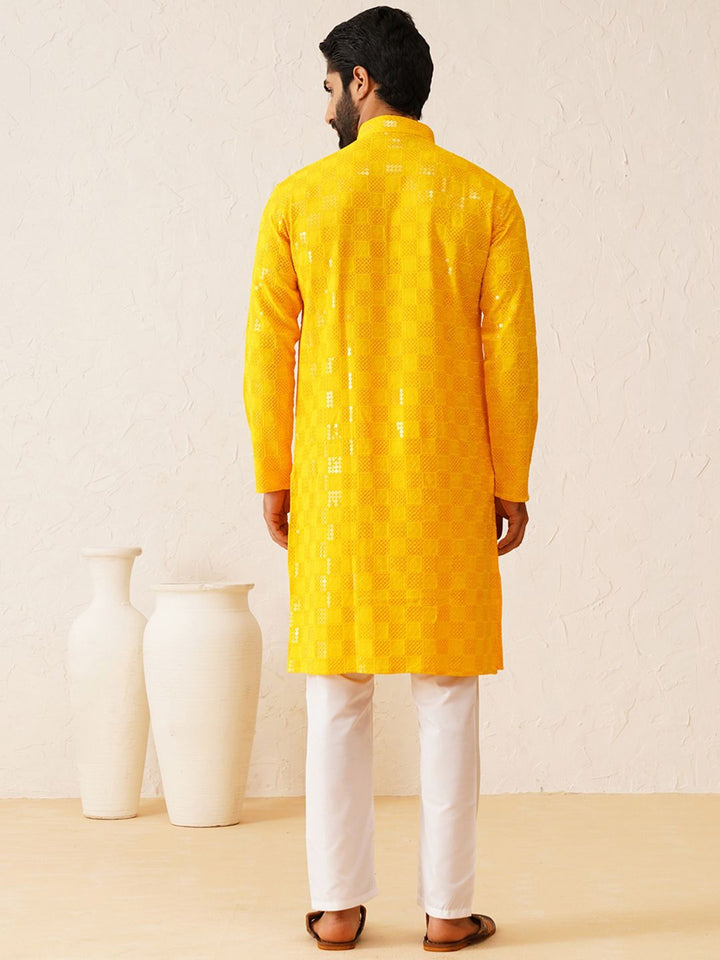 SOJANYA Geometric Embroidered Mandarin Collar Sequins Pure Cotton Straight Kurta