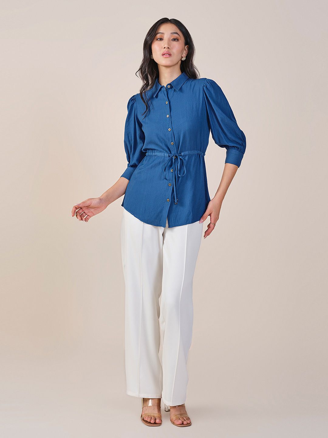 AND Shirt Style Waist Tie-Ups Solid Top