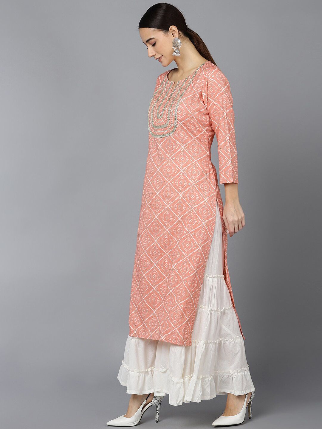 KALINI Bandhani Printed Notched Neck Gotta Patti Straight Kurta