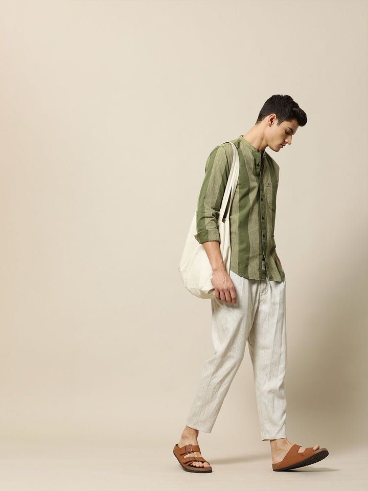 Mr Bowerbird Men Olive Green & Beige Tailored Fit Striped Cotton Linen Casual Shirt