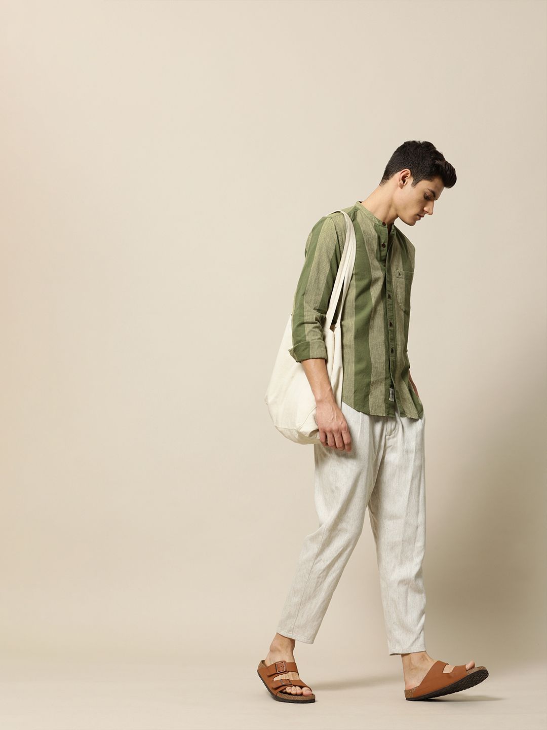 Mr Bowerbird Men Olive Green & Beige Tailored Fit Striped Cotton Linen Casual Shirt