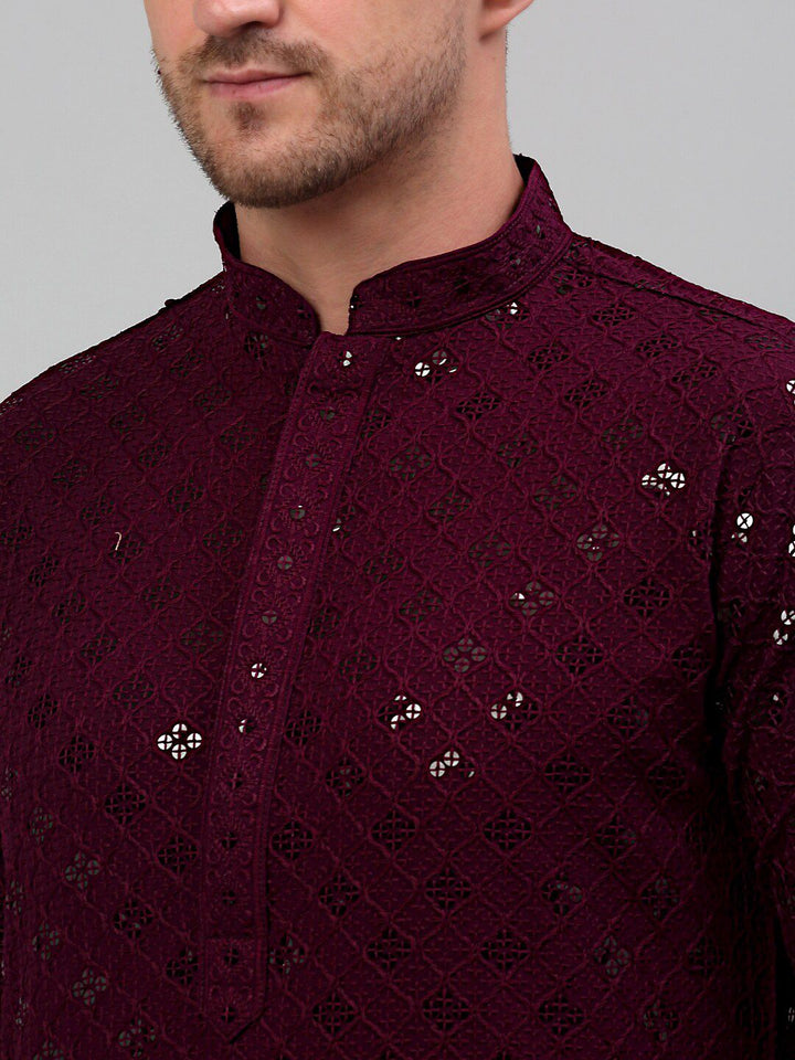 Jompers Ethnic Motif Embroidered Mandarin Collar Sequinned Pure Cotton Kurta with Trousers