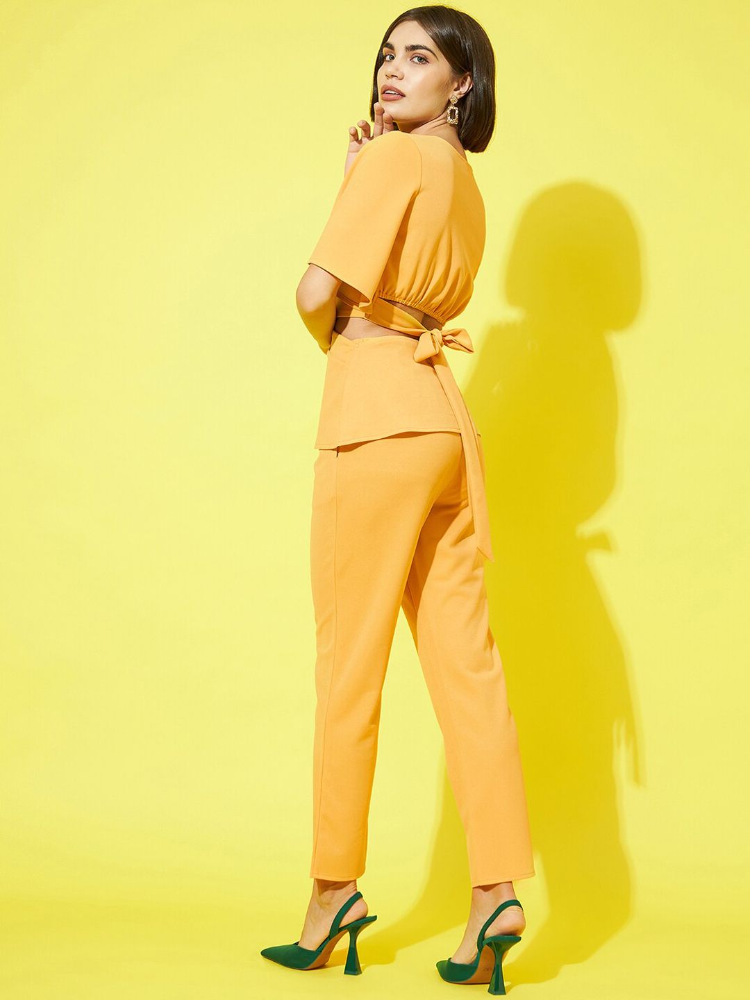 Athena Women Mustard Yellow Solid V-Neck Top and Trousers
