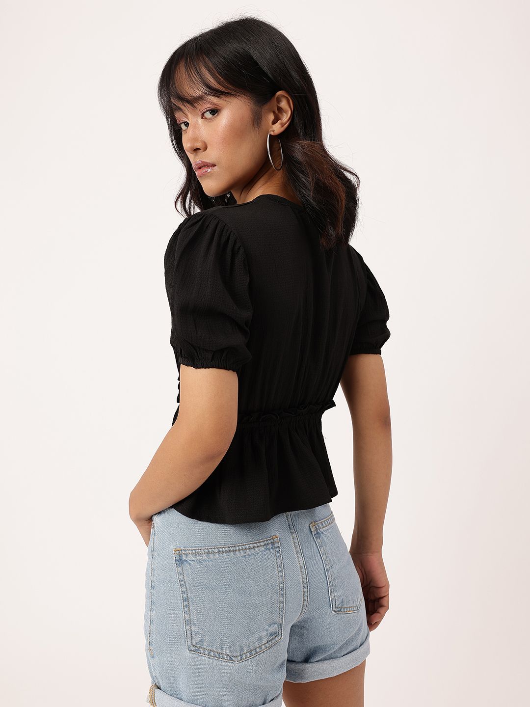 DressBerry Tie-Up Seersucker Ruched Peplum Crop Top