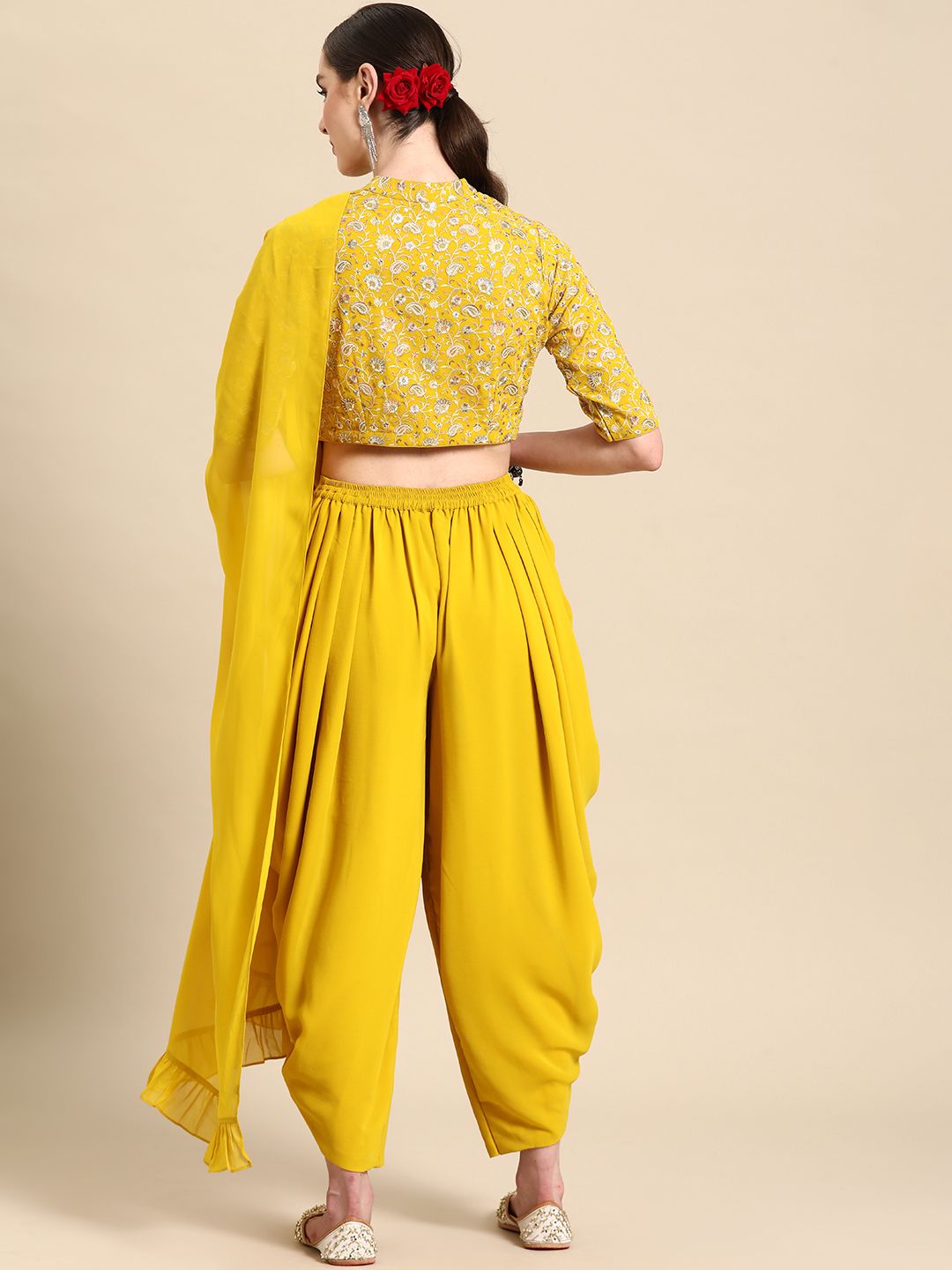 Libas Pure Georgette Ruffled Detail Dhoti Saree with Stitched Blouse