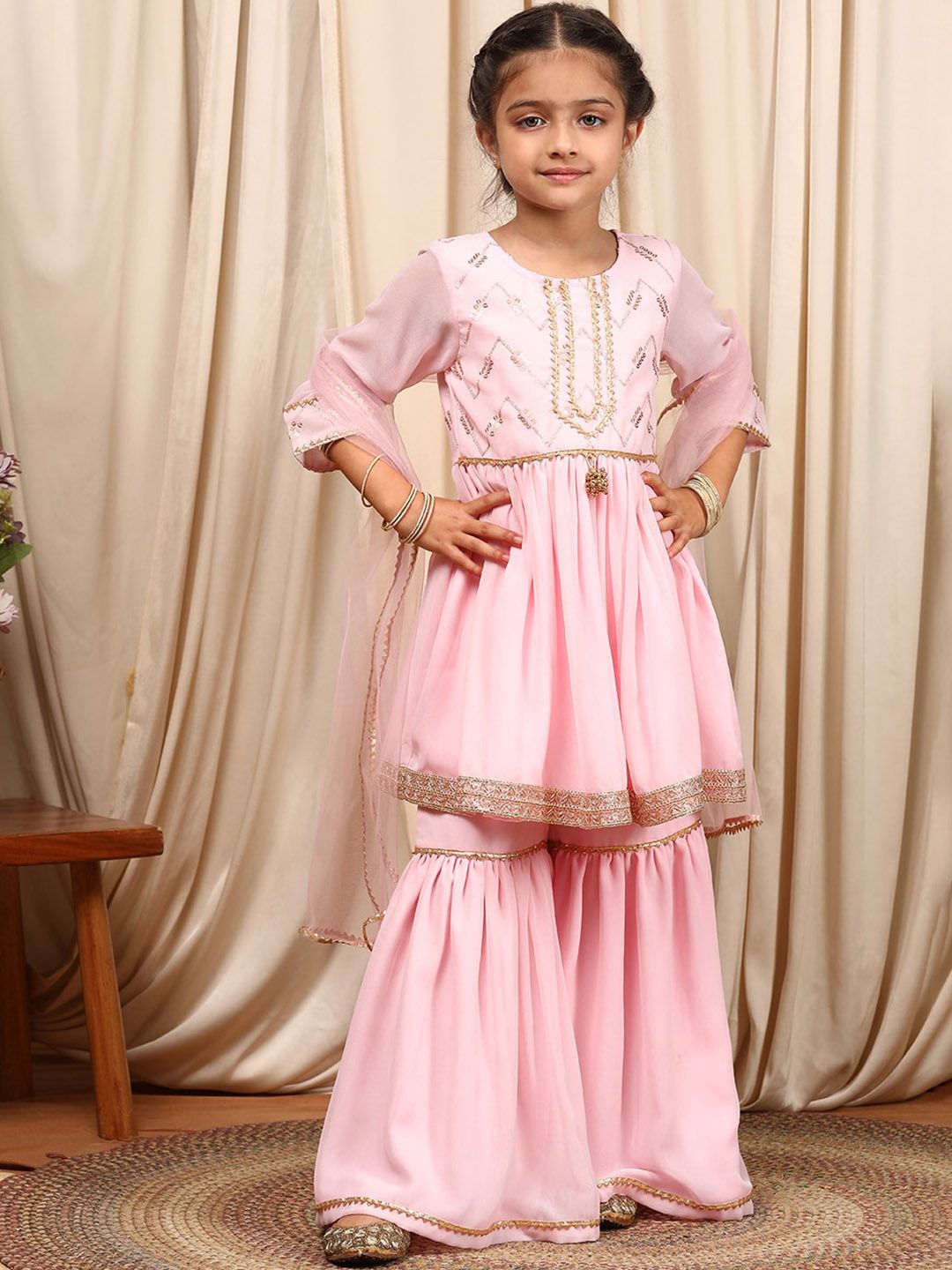 pspeaches Girls Round Neck Embroidered Sequinned Anarkali Kurti with Sharara & Dupatta