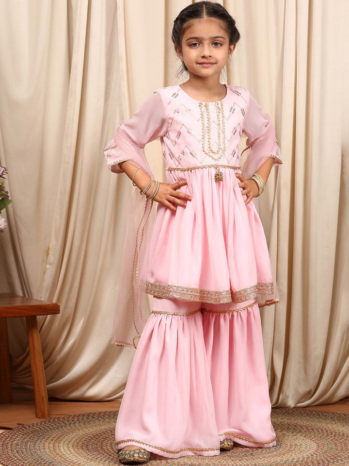pspeaches Girls Round Neck Embroidered Sequinned Anarkali Kurti with Sharara & Dupatta