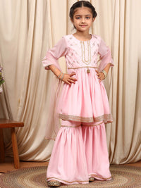 pspeaches Girls Round Neck Embroidered Sequinned Anarkali Kurti with Sharara & Dupatta