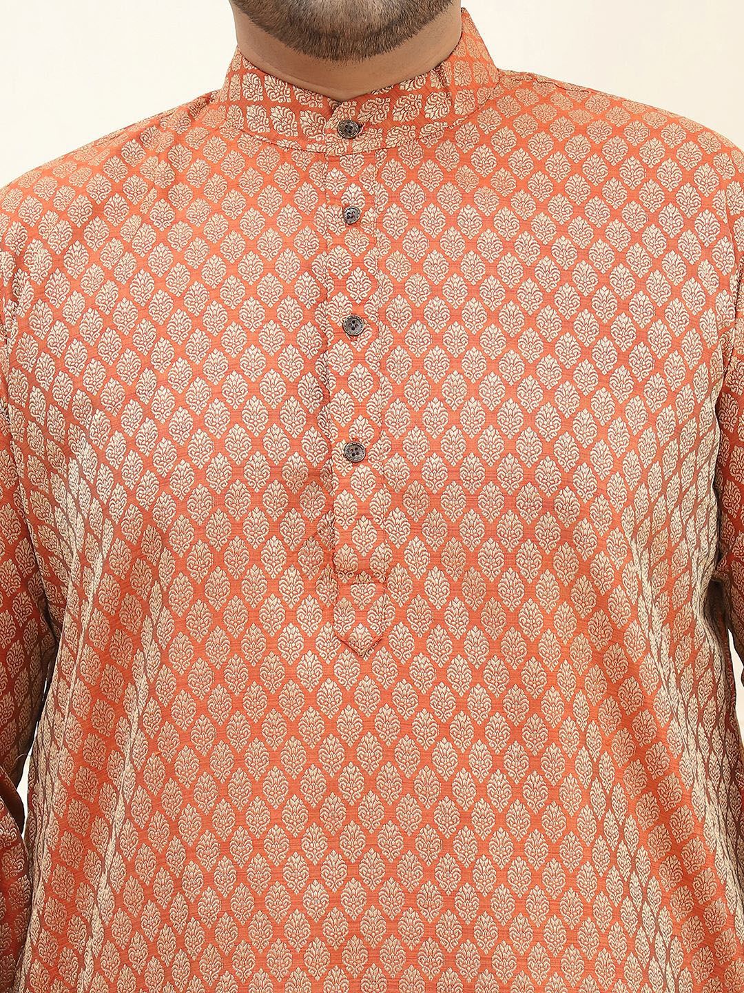 SOJANYA PLUS Lelaki Rust & Golden Jacquard Silk Woven Design Kurta Lurus