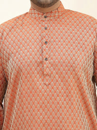 SOJANYA PLUS Lelaki Rust & Golden Jacquard Silk Woven Design Kurta Lurus