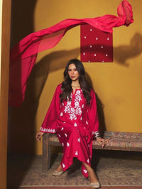 House of Chikankari Women Regular Chikankari Chanderi Silk Kurta with Trousers