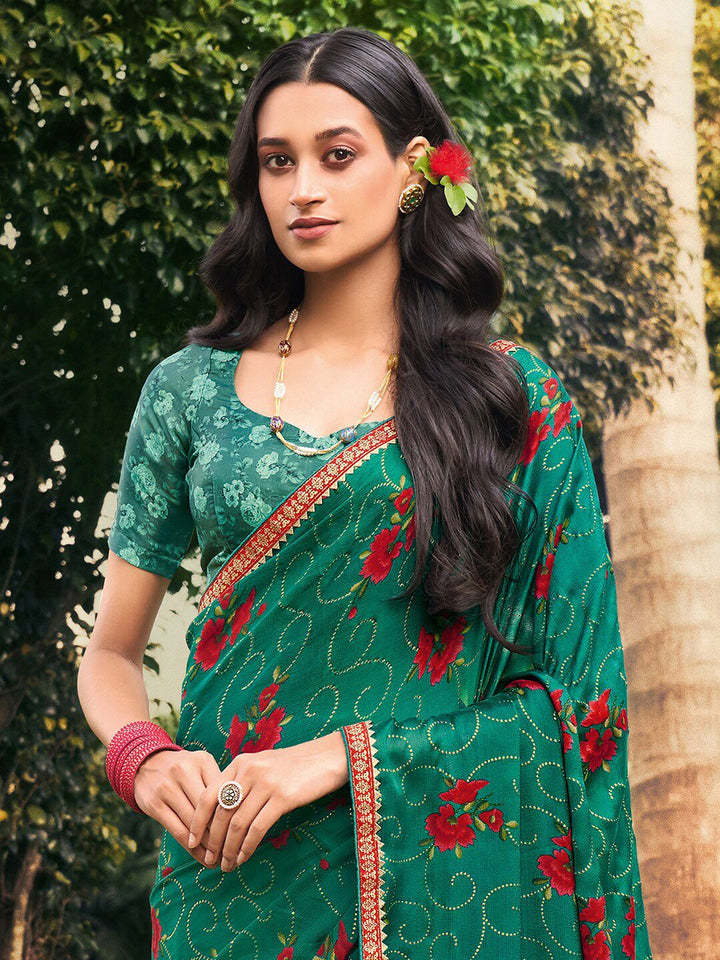 Saree mall Sea Green Red Floral Poly Chiffon Sarees