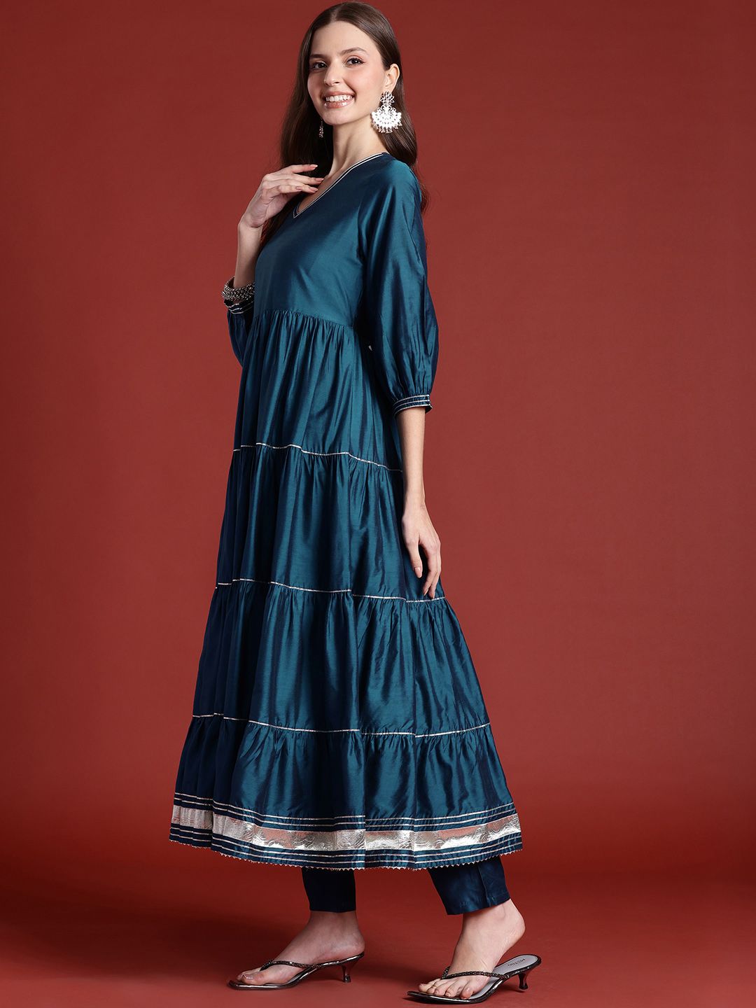 Anouk Tiered Gotta Patti Detail Anarkali Kurta with Trousers & Dupatta
