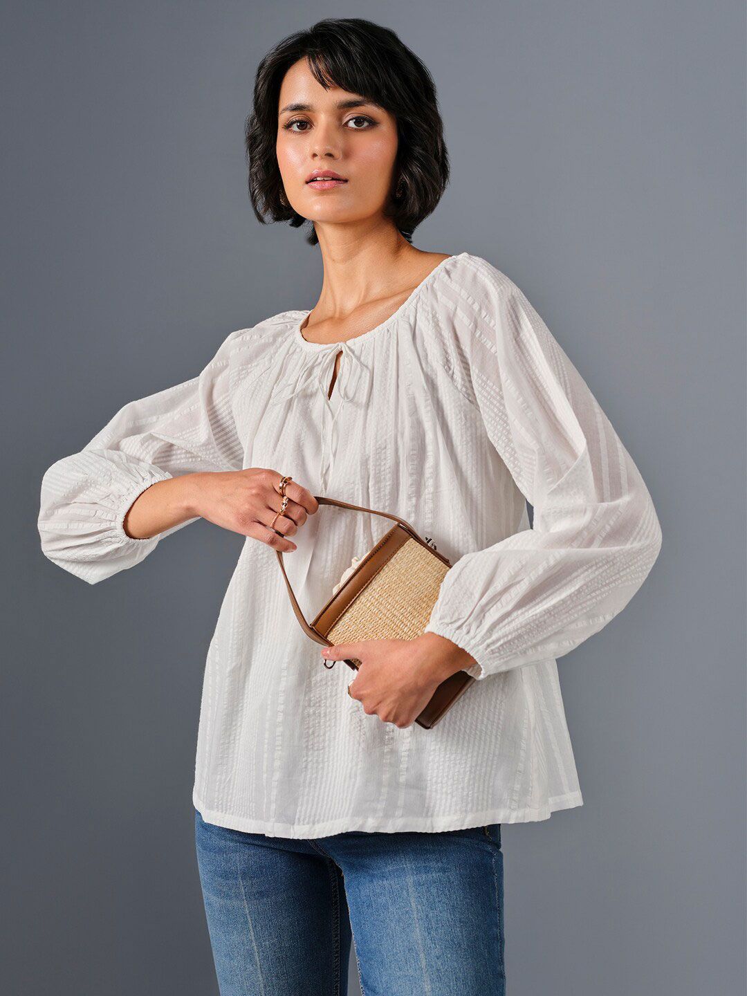 AND Tie-Up Neck Puff Sleeve Pure Cotton  A-Line Top
