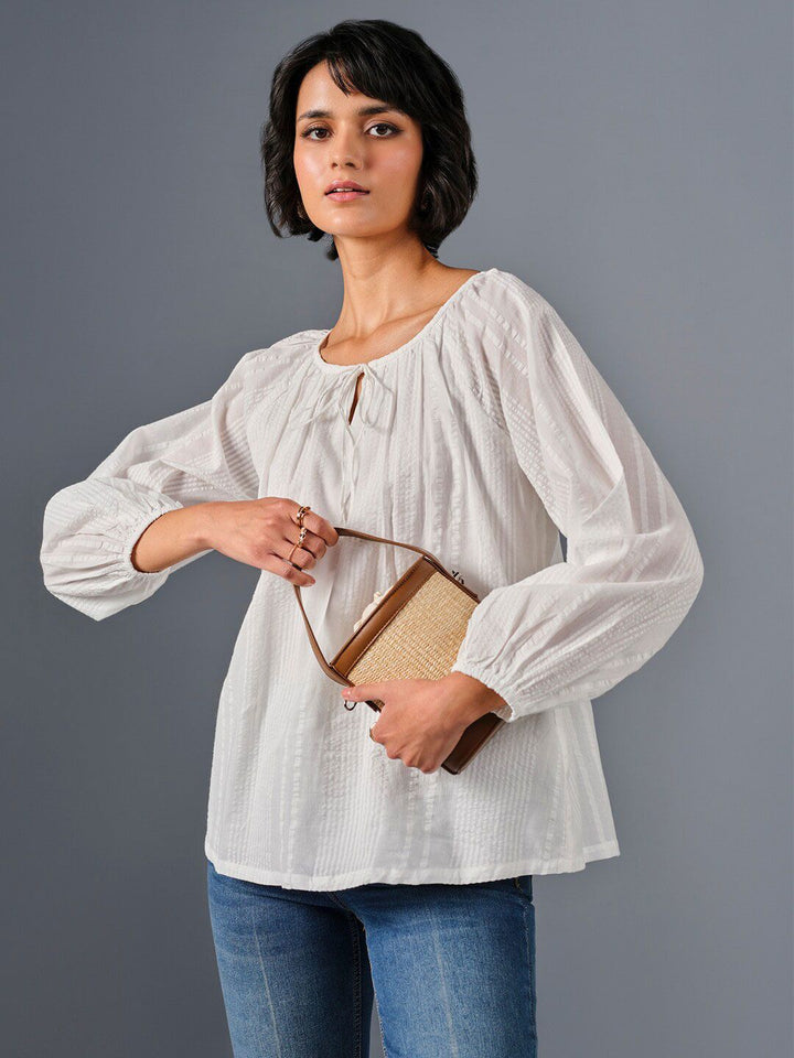 AND Tie-Up Neck Puff Sleeve Pure Cotton  A-Line Top