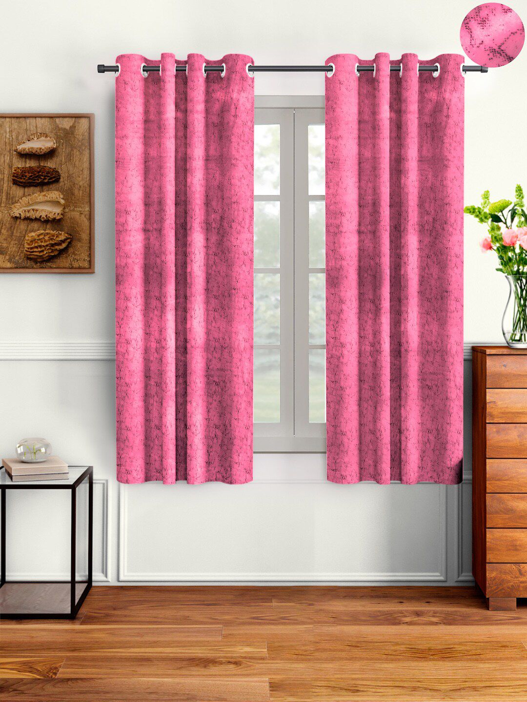Cortina Pink & Black Set of 2 Printed Room Darkening Window Curtain