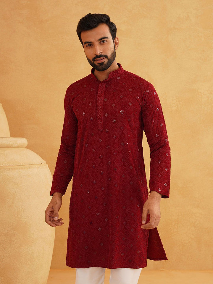 SOJANYA Kolar Mandarin Sulam Lengan Panjang Kurta Lurus
