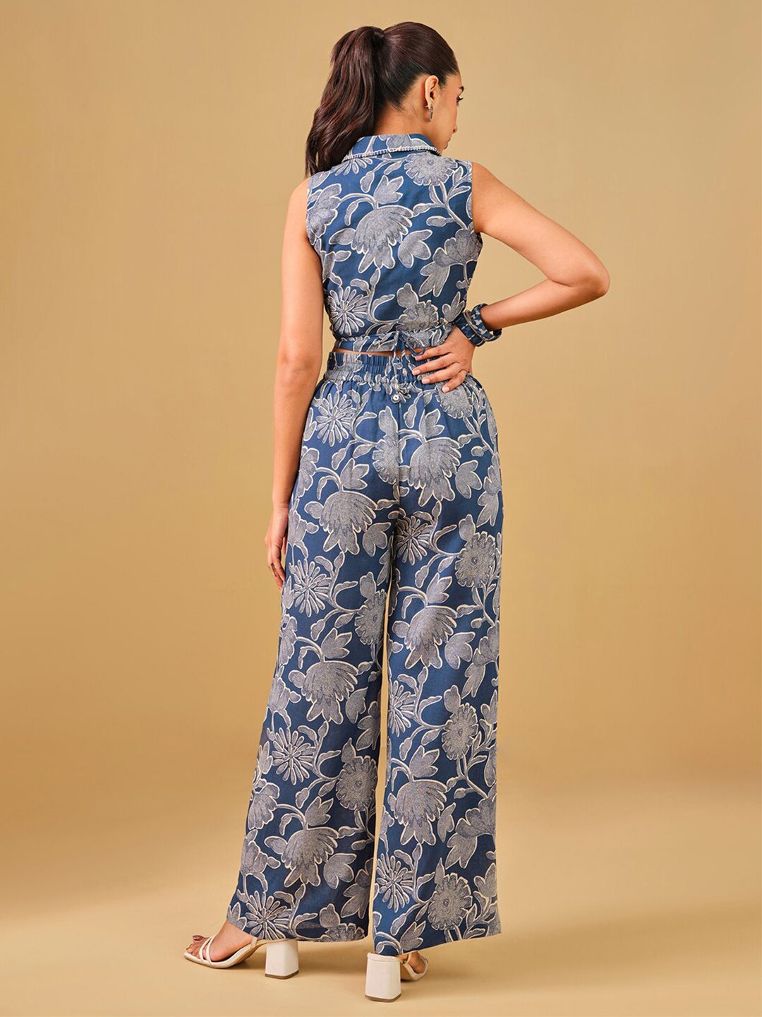 Global Desi Printed Lapel Collar Top & Palazzos