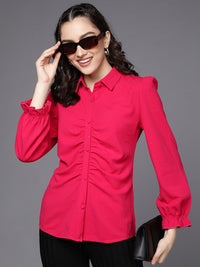 SASSAFRAS Women Fuchsia Pink Shimmer Fitted Ruched Shirt