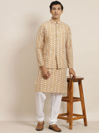 SOJANYA Men Beige & White Ethnic Motifs Embroidered Kurta with Churidar & Jacket