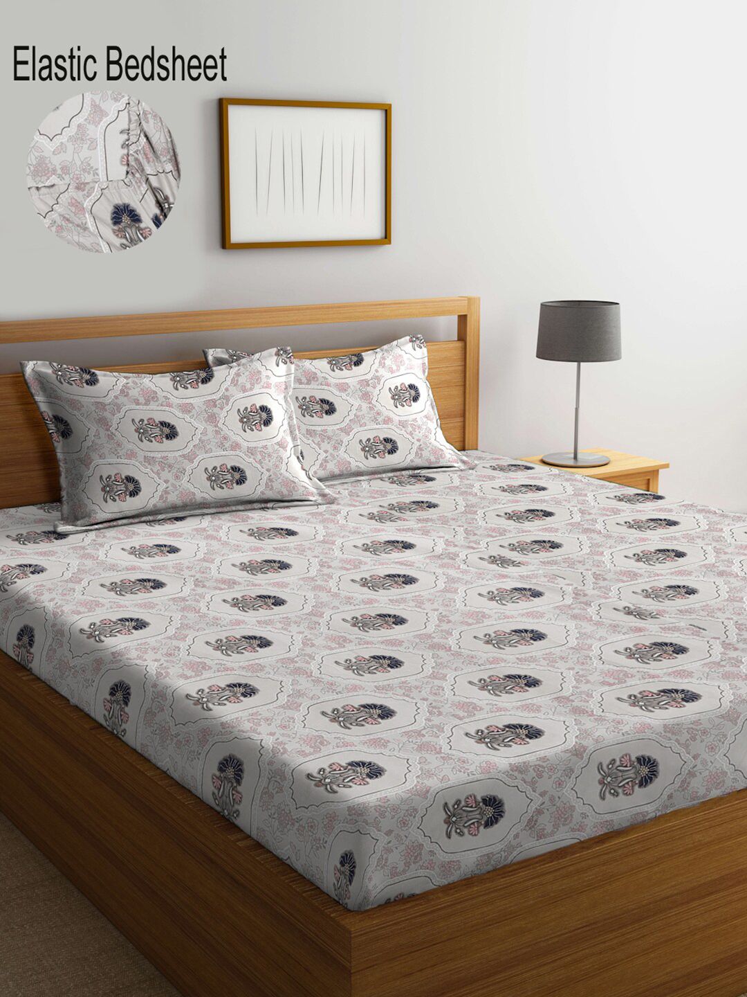 KLOTTHE White Floral Printed 300 TC Fitted Super King Double Bedsheet with 2 Pillow Covers