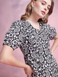 DressBerry Floral Print Puff Sleeve A-Line Dress