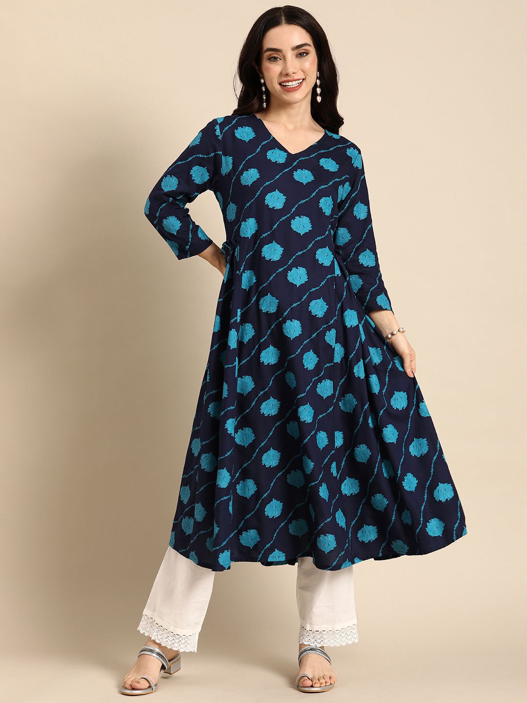 Anouk Floral Printed V-Neck A-Line Kurta