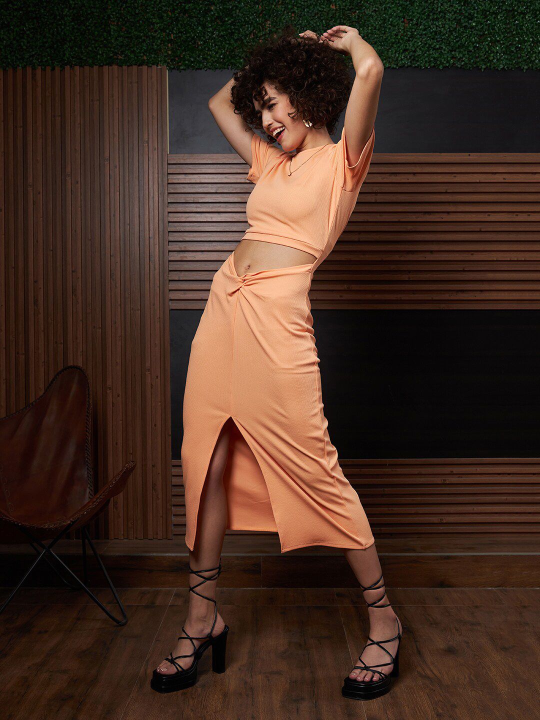 Athena Peach-Coloured Round Neck Short Sleeves Cut-Outs Sheath Midi Dress