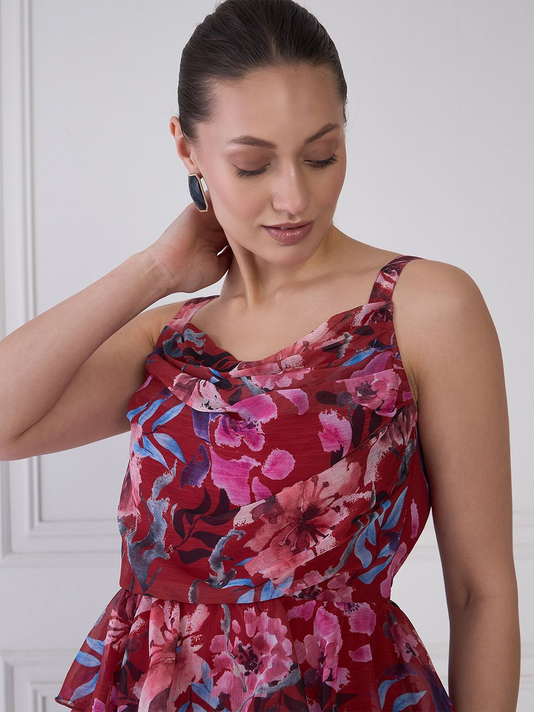 Antheaa Red Floral Print Round Neck Layered Fit & Flare Dress