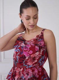 Antheaa Red Floral Print Round Neck Layered Fit & Flare Dress