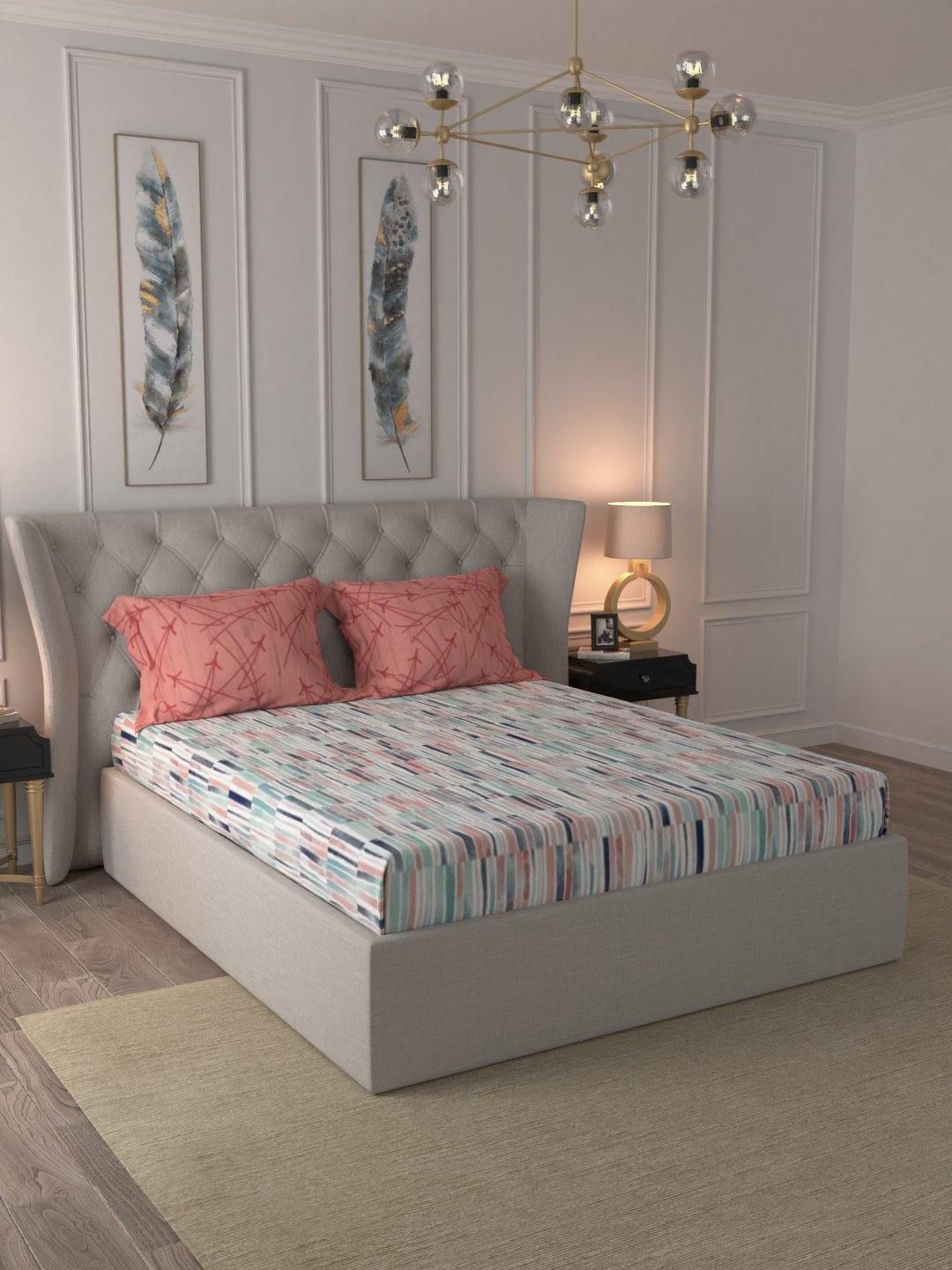 URBAN SPACE Divine Pink & Turquoise Blue Pure Cotton Queen Bedsheet With 2 Pillow Covers