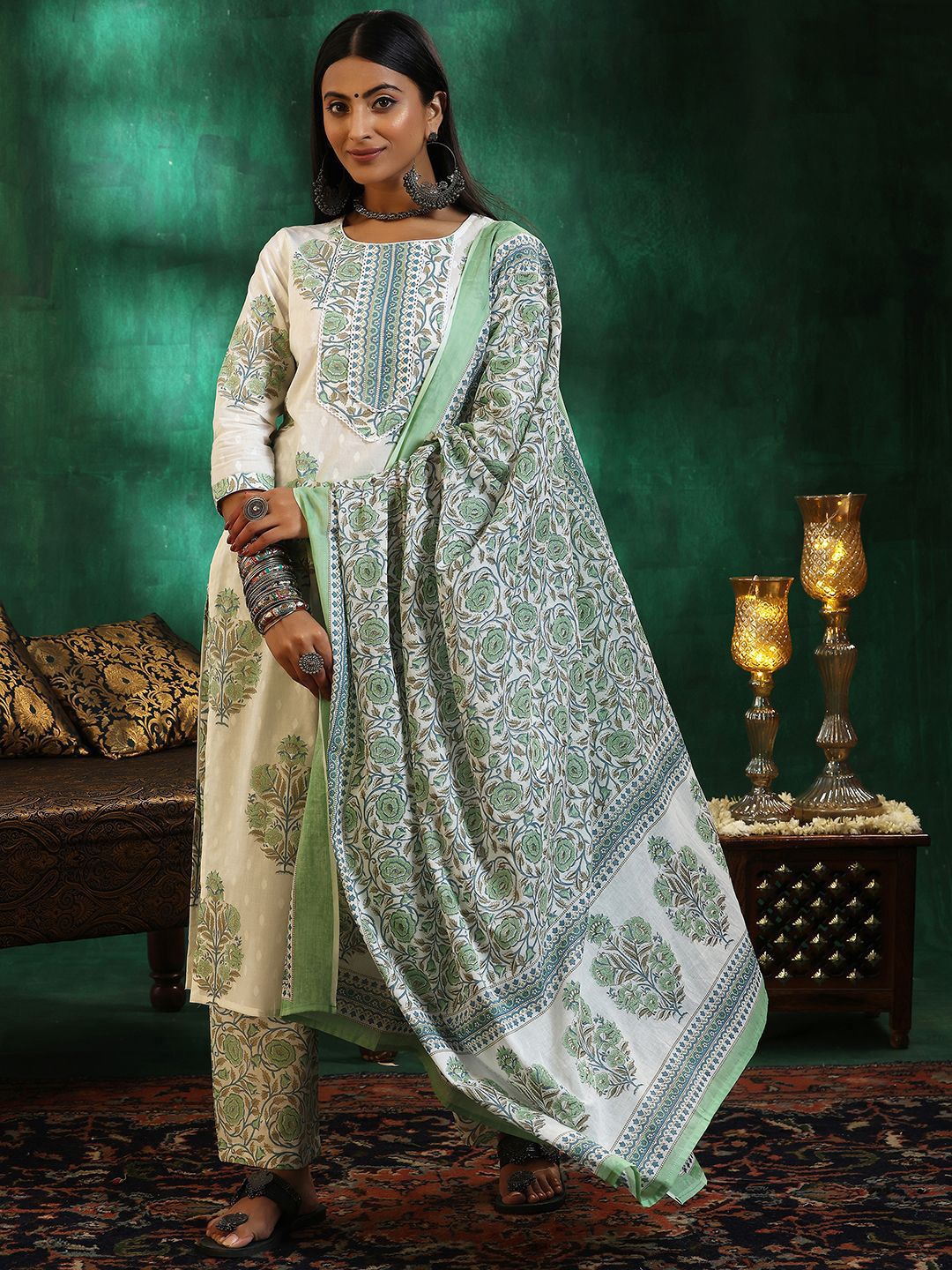 Libas Floral Printed Gotta Patti Pure Cotton Straight Kurta with Trousers & Dupatta