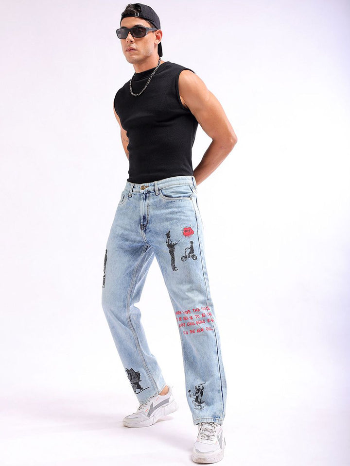 The Indian Garage Co Men Straight Fit Printed Clean Look Heavy Fade Pure Cotton Jeans