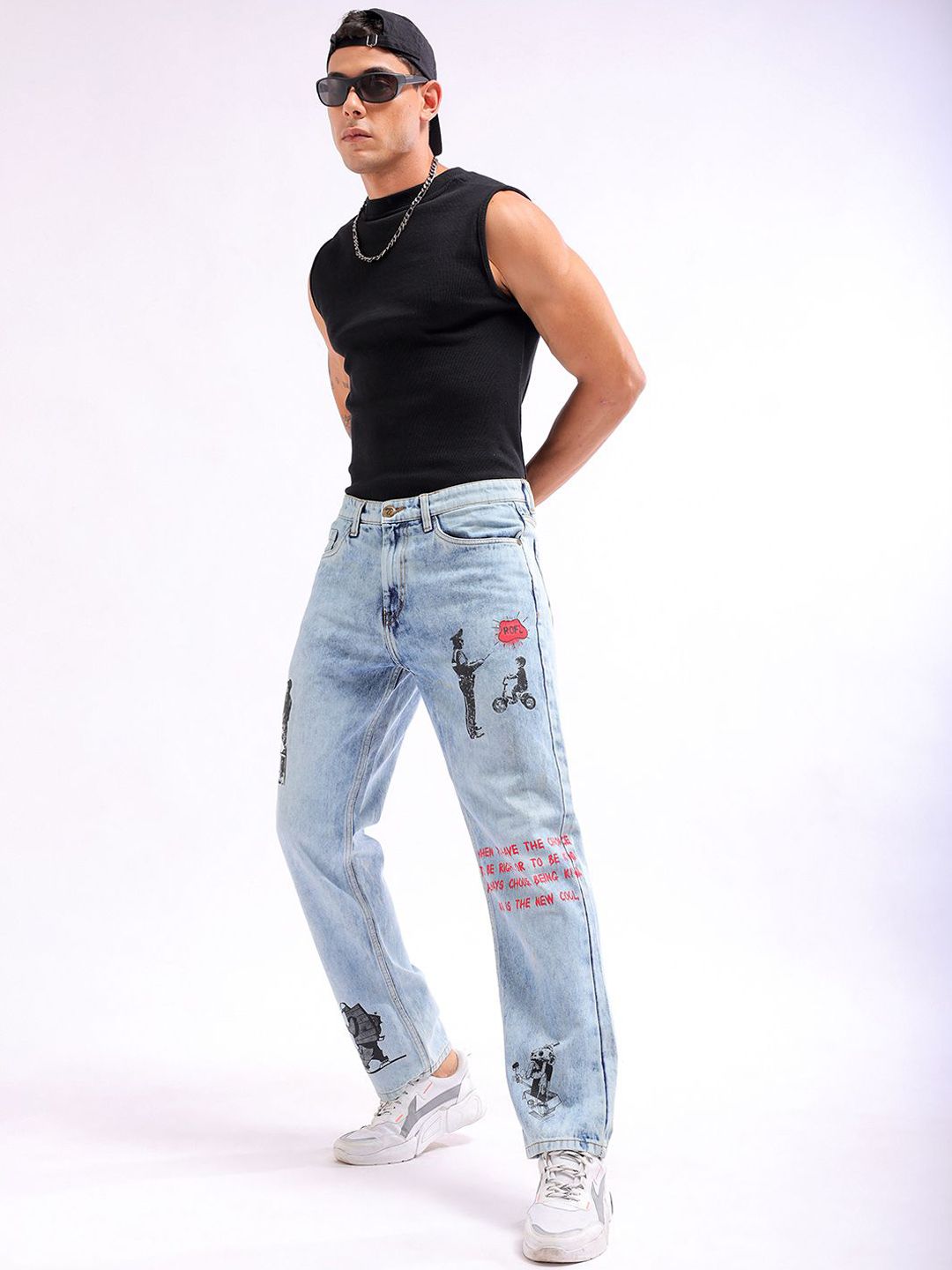 The Indian Garage Co Men Straight Fit Printed Clean Look Heavy Fade Pure Cotton Jeans