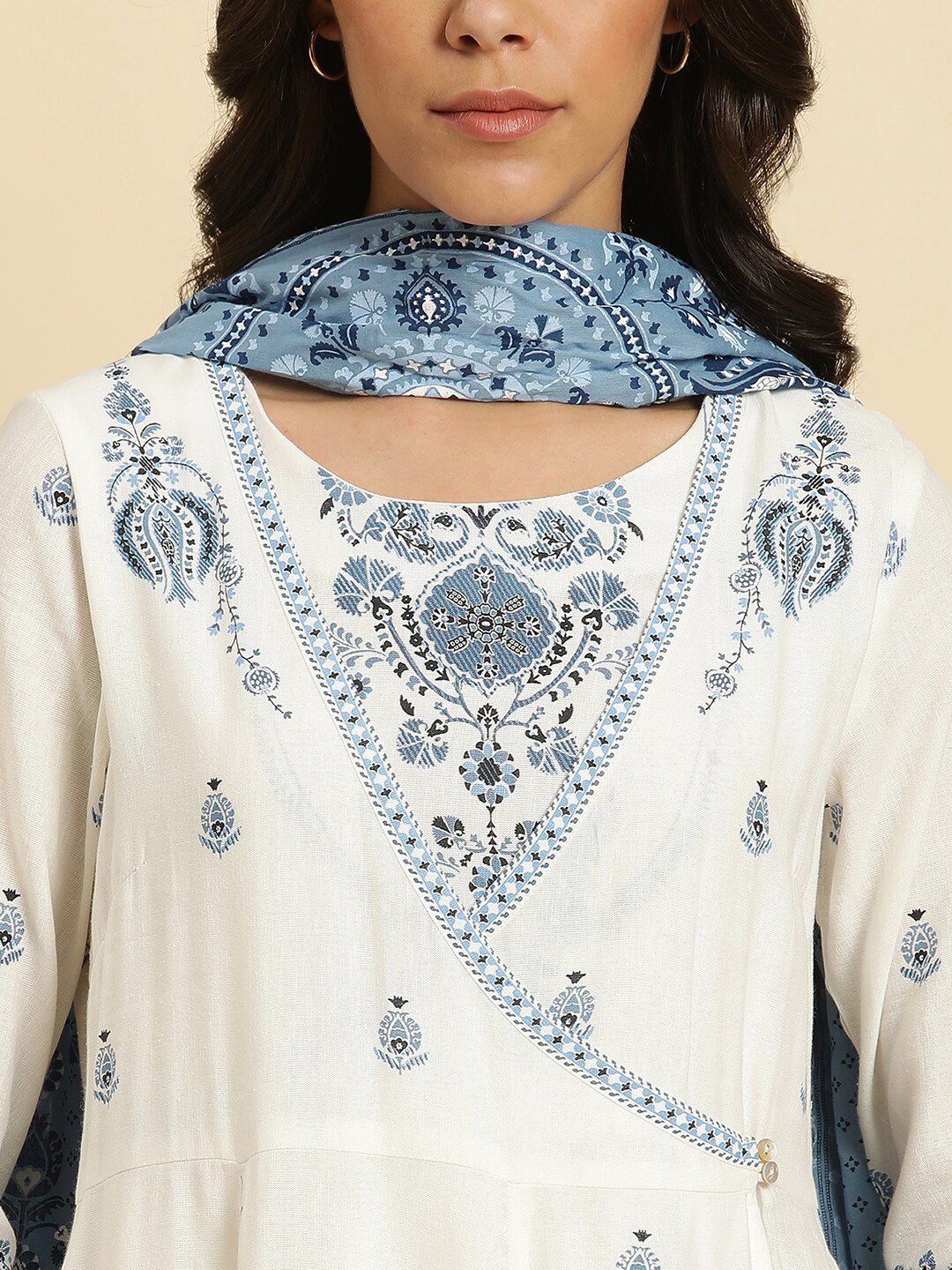 W White Floral Printed Angrakha Kurta with Trousers & With Dupatta