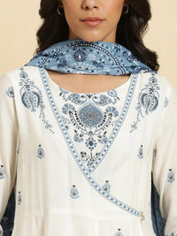 W White Floral Printed Angrakha Kurta with Trousers & With Dupatta