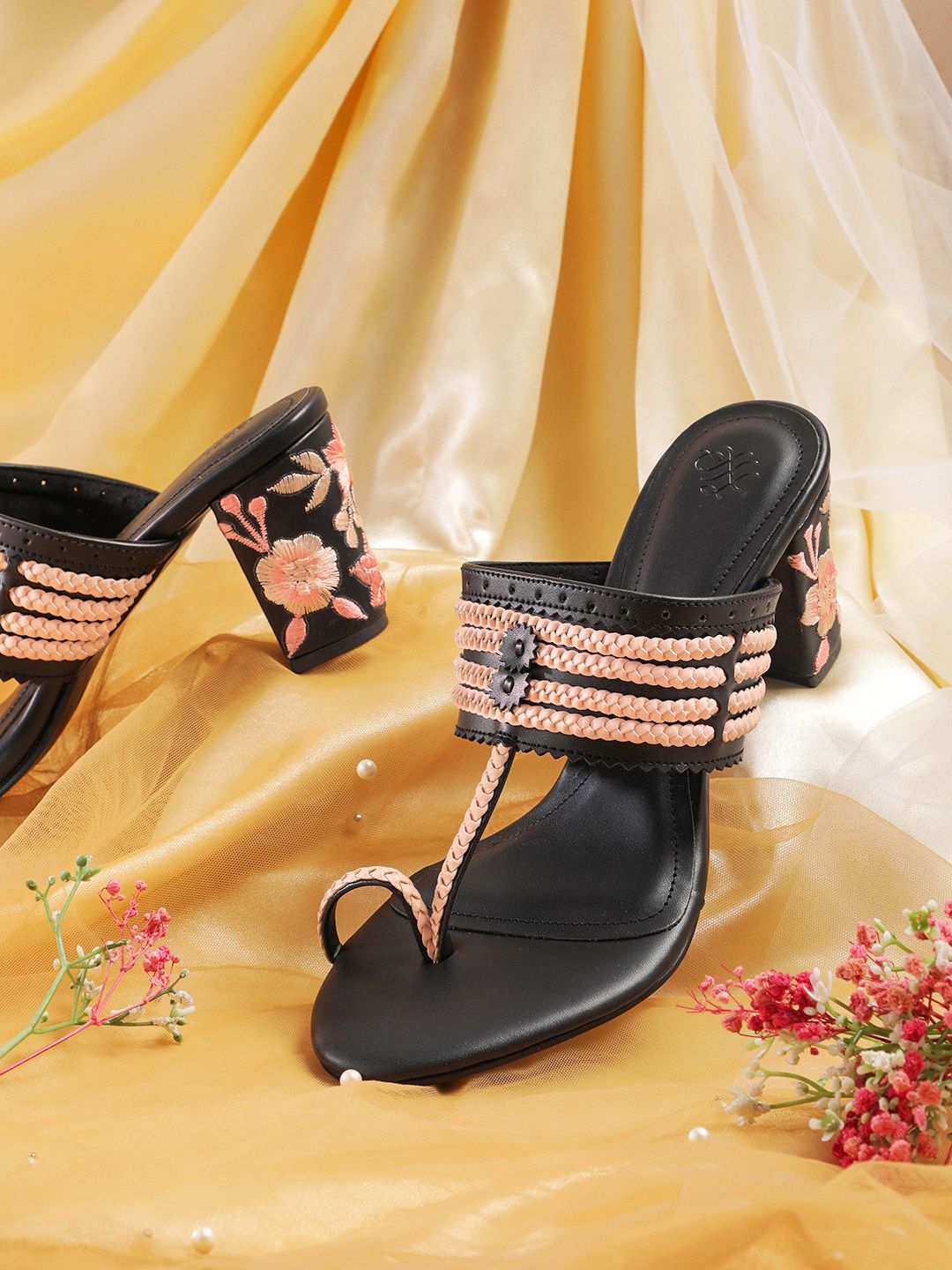 House of Pataudi  Open Toe Woven Design Block Heels