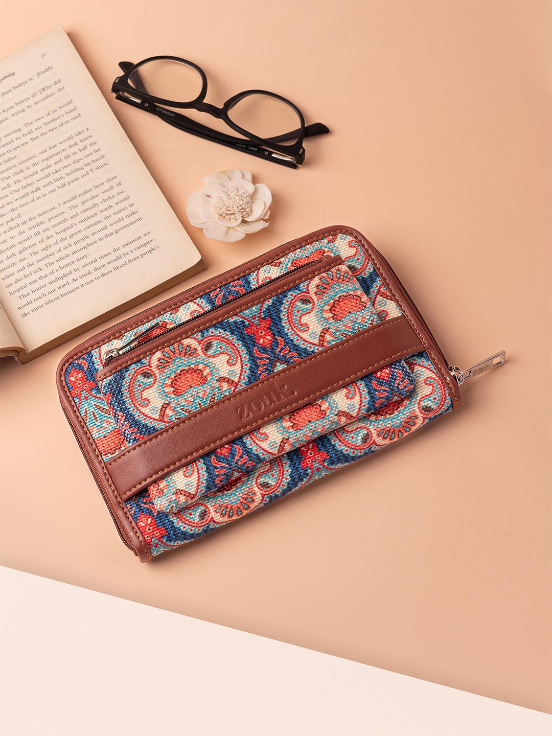 ZOUK Women Kovil Classic Ethnic Motifs Printed Fabric Zip Around Wallet